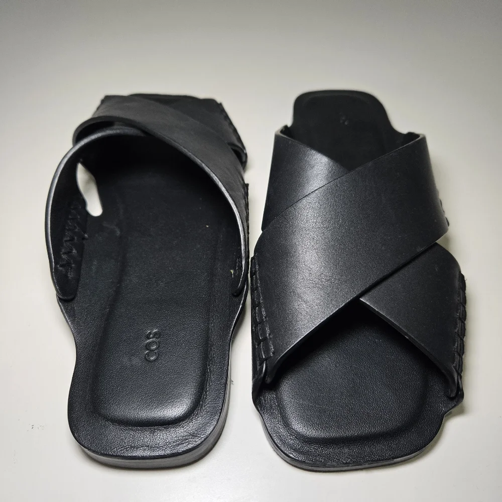 COS Womens Crossover Leather‎ Sandal Size 7.5 Black Slides Minimalist Staple - Picture 3 of 11